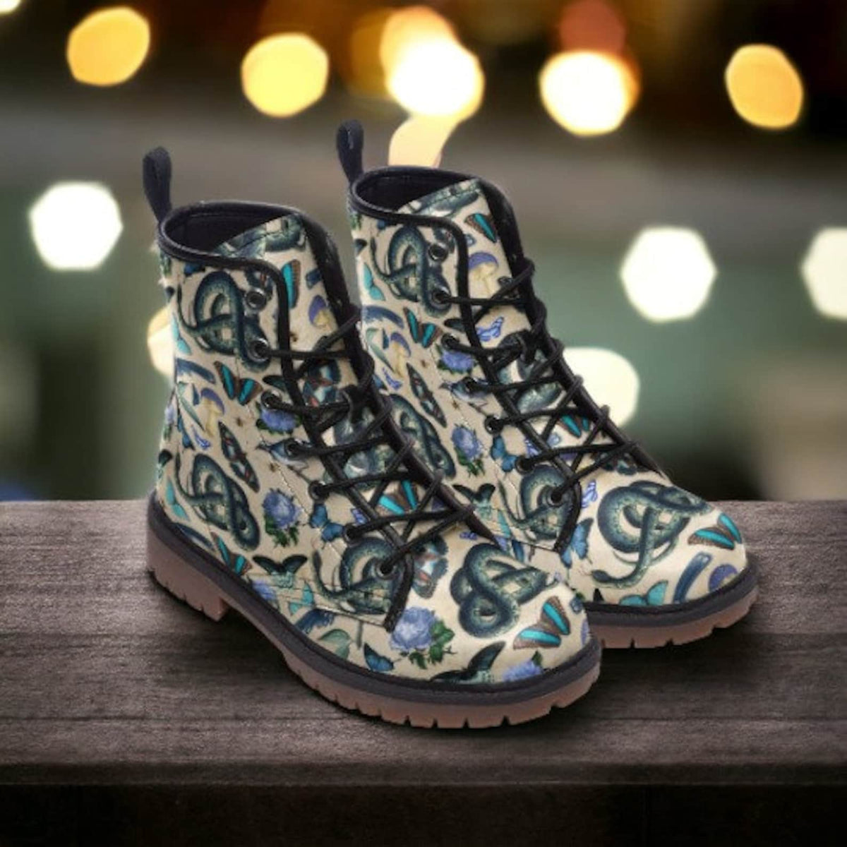 Hippie Art Zone - Boho Whimsical Blue and White Forestcore Vegan Combat Boot.