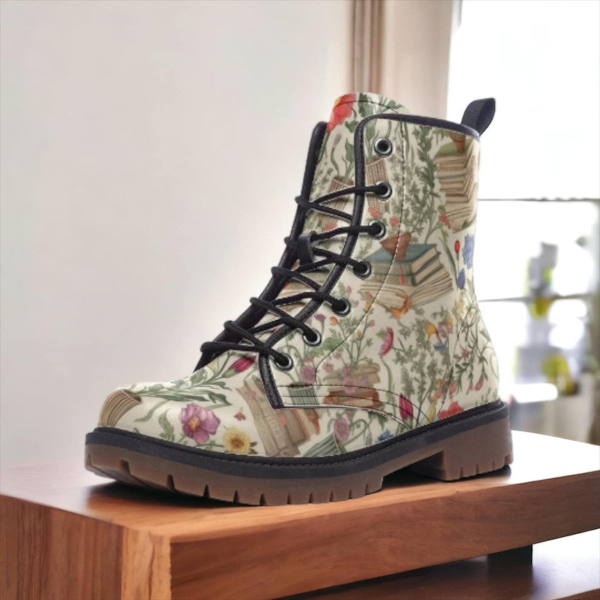 Hippie Art Zone - Books and Cottage Flowers Vegan Combat Boots.