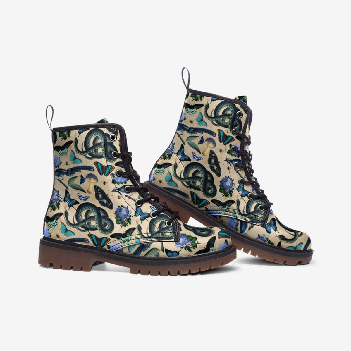 Hippie Art Zone - Boho Whimsical Blue and White Forestcore Vegan Combat Boot.