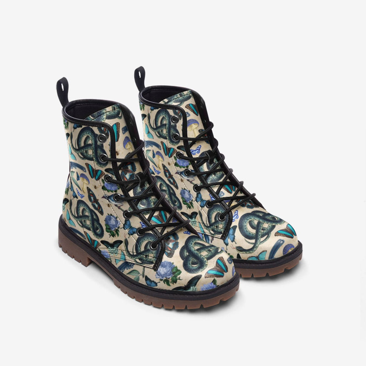 Hippie Art Zone - Boho Whimsical Blue and White Forestcore Vegan Combat Boot.