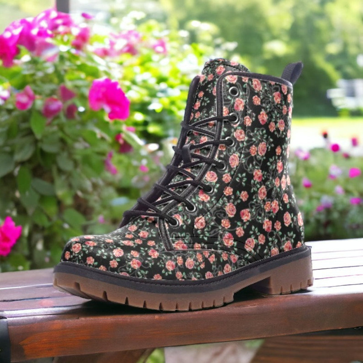 Hippie Art Zone - Cottage Ditsy Roses Vegan Combat Boots.