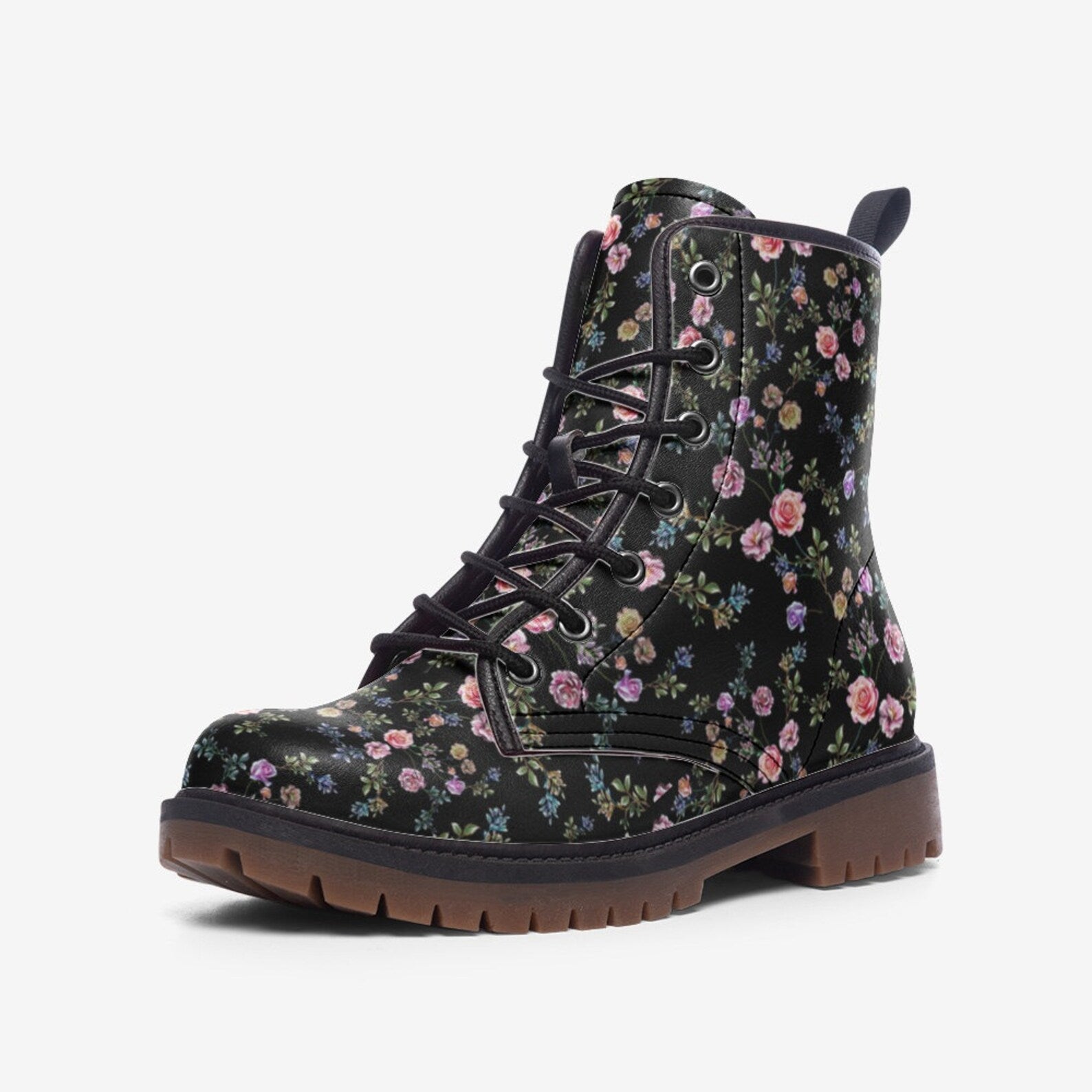 Hippie Art Zone - Cottage Dark Ditsy Floral Vegan Combat Boots.