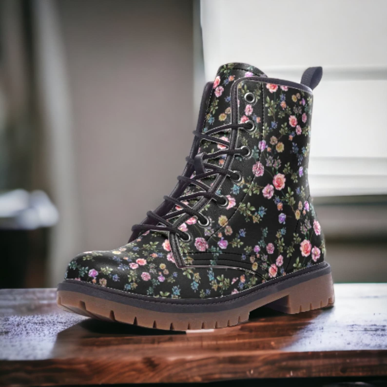 Hippie Art Zone - Cottage Dark Ditsy Floral Vegan Combat Boots.