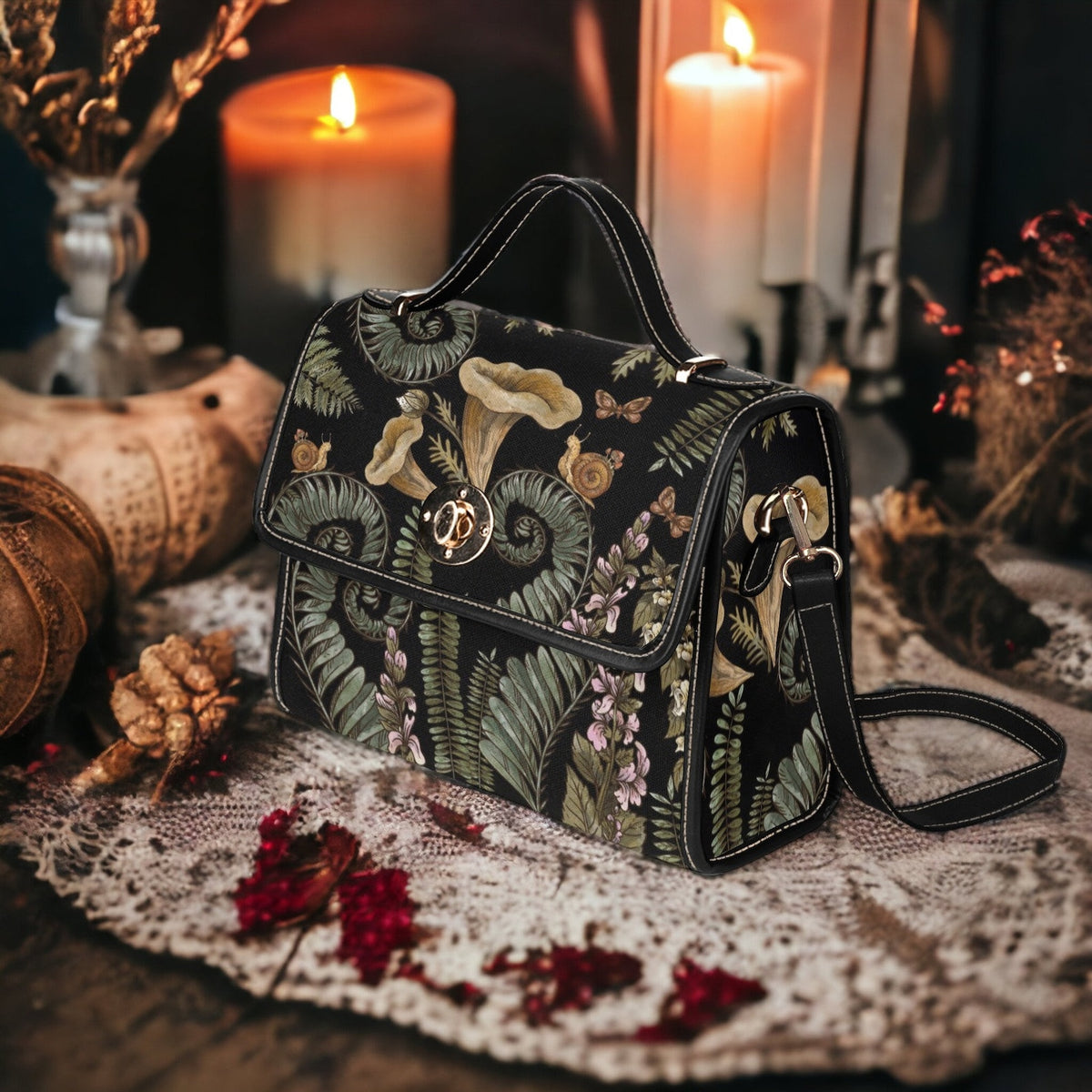 Goblincore Mushroom Fern Snail Green Forest Canvas Satchel Handbag For Boho Hippie