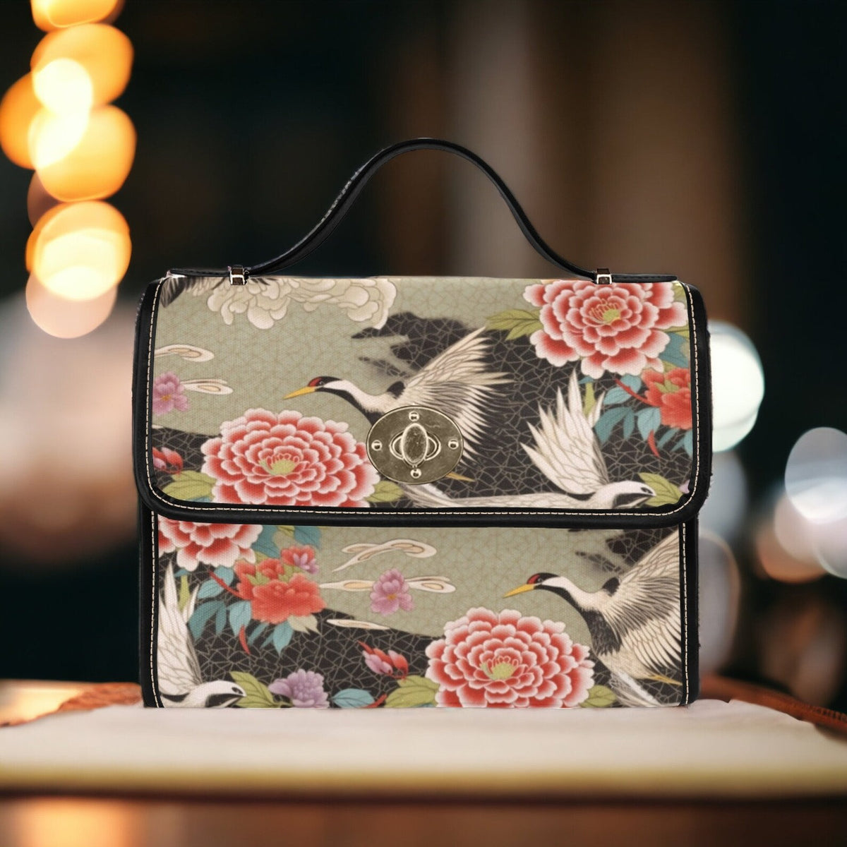 Japanese Crane Birds Peony Garden Canvas Satchel Handbag For Boho Hippie