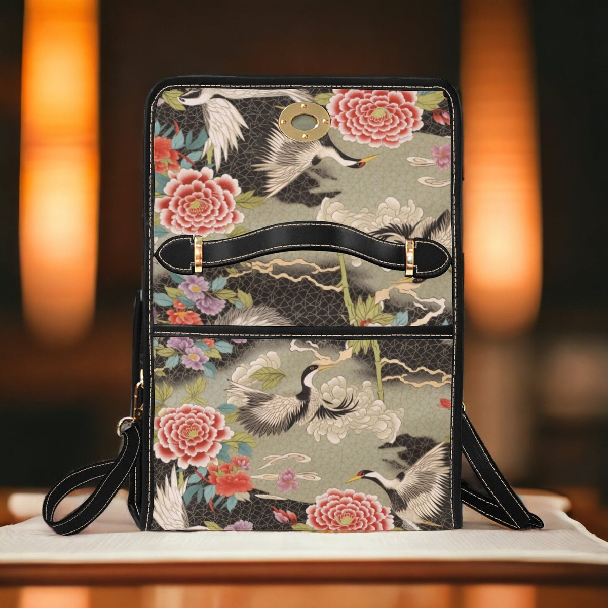 Japanese Crane Birds Peony Garden Canvas Satchel Handbag For Boho Hippie