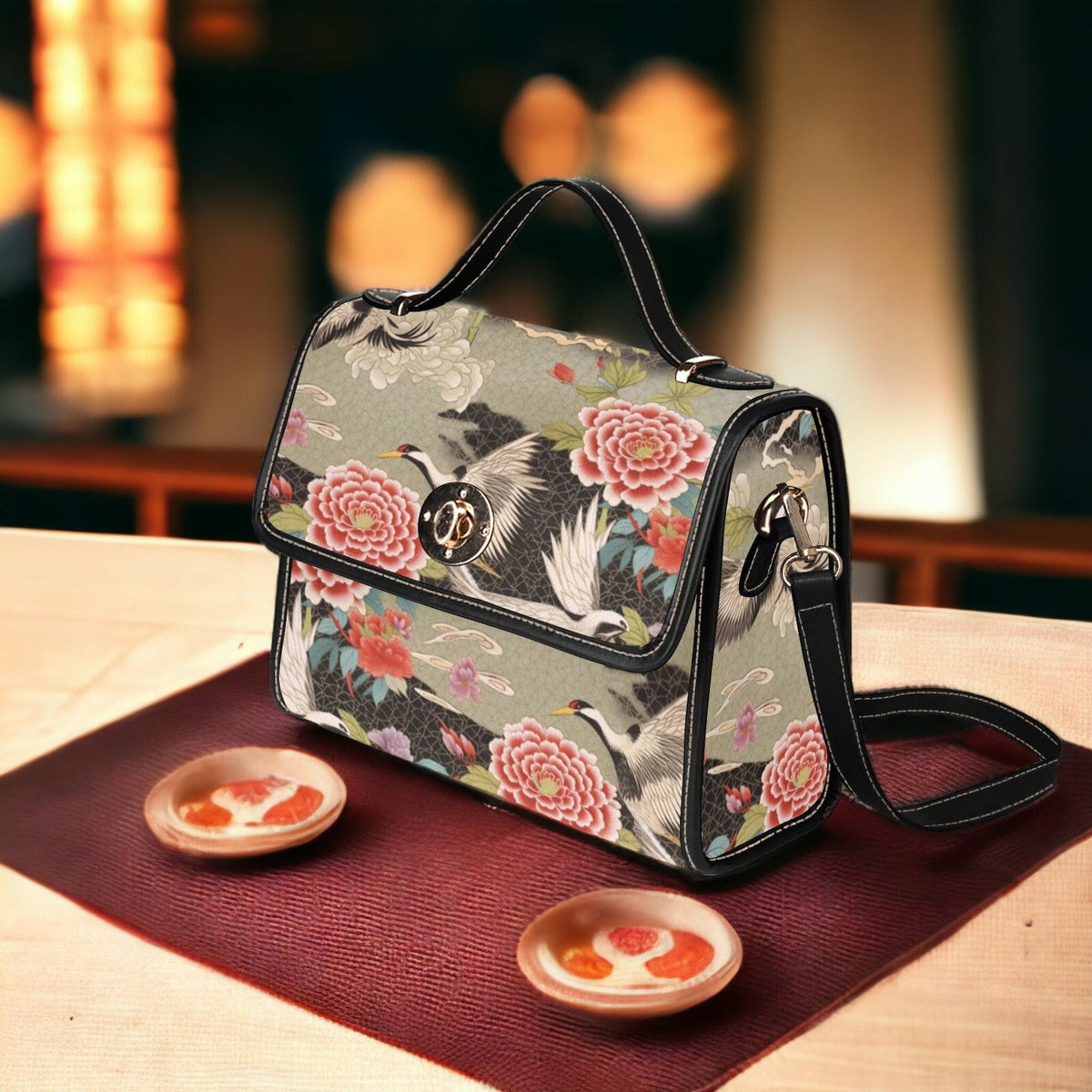 Japanese Crane Birds Peony Garden Canvas Satchel Handbag For Boho Hippie