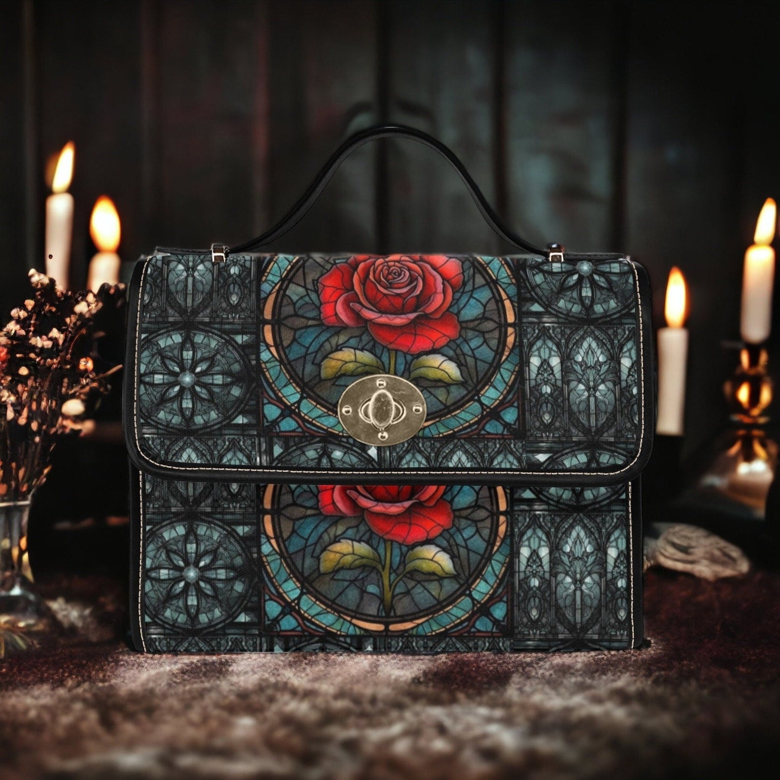 Gothic Teal Stained Glass Red Rose Canvas Satchel Handbag For Boho Hippie