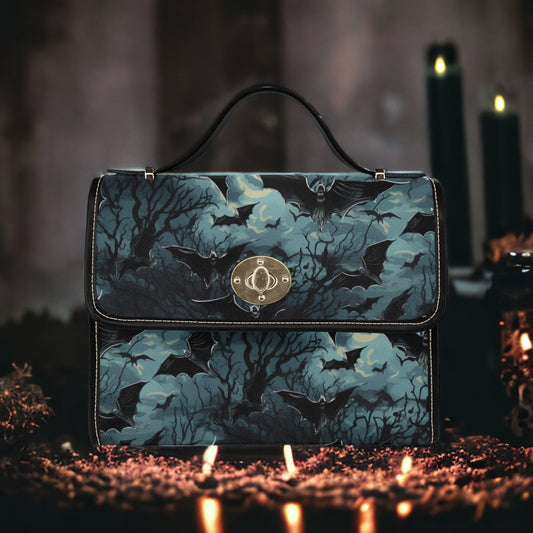 Dark Academia Gothic Spooky Night Flying Bats Canvas Satchel Handbag For Boho Hippie