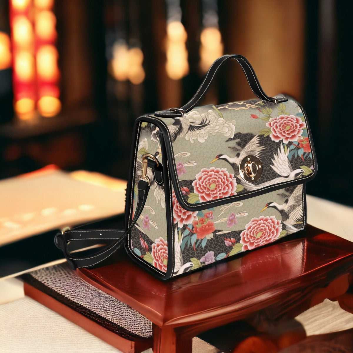 Japanese Crane Birds Peony Garden Canvas Satchel Handbag For Boho Hippie