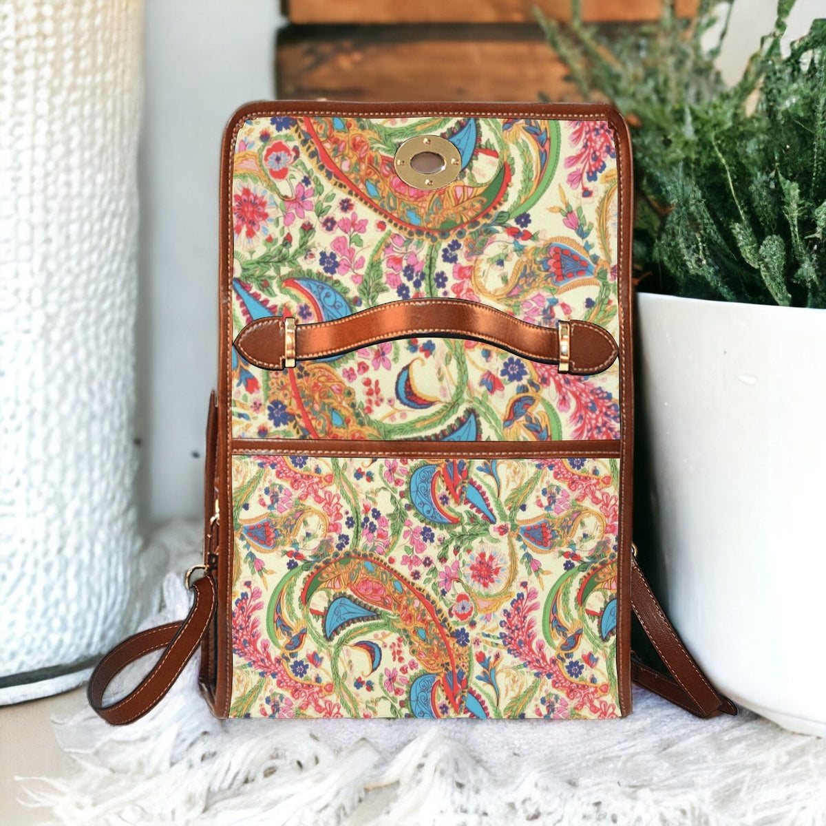 Vegan Leather Paisley Floral Boxy Witchy Satchel Handbag For Boho Hippie