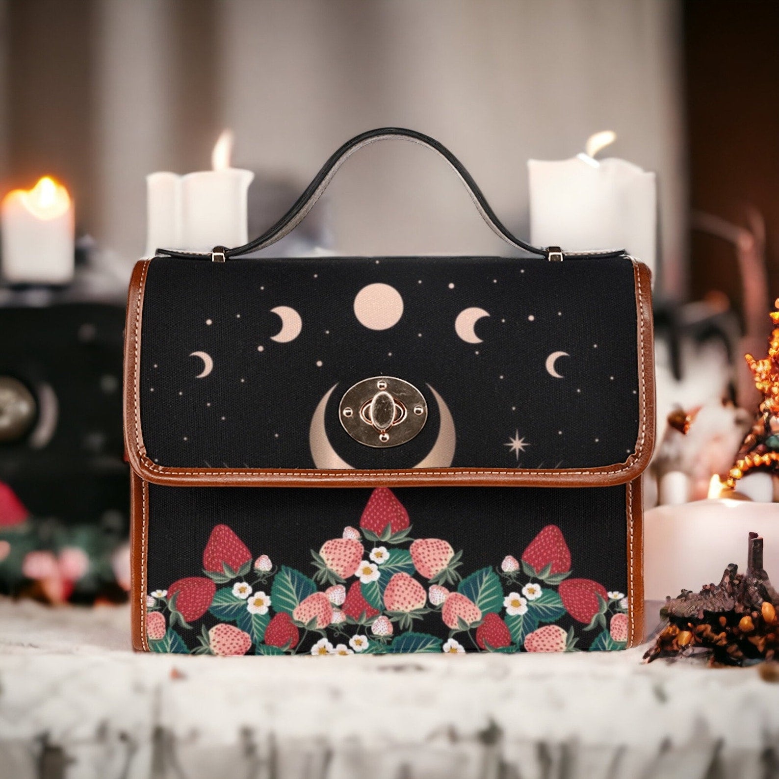 Women Strawberry Moon Retro Satchel Handbag For Boho Hippie