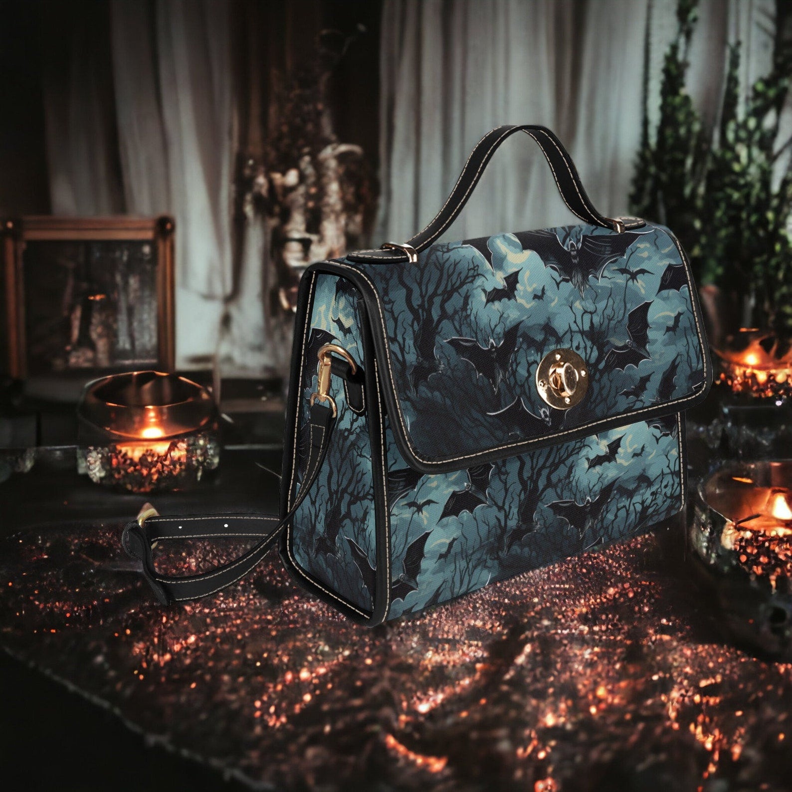 Dark Academia Gothic Spooky Night Flying Bats Canvas Satchel Handbag For Boho Hippie