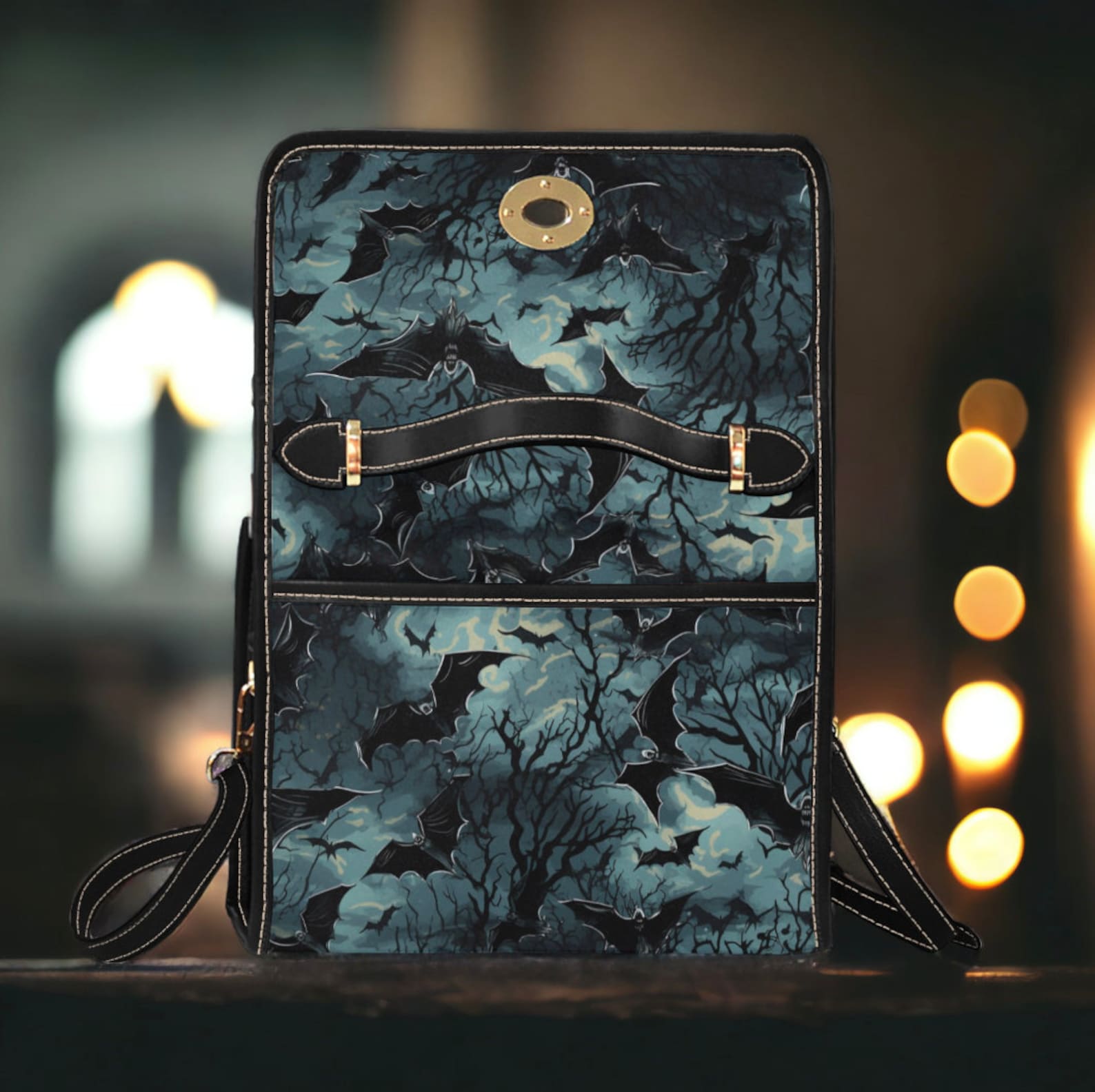 Dark Academia Gothic Spooky Night Flying Bats Canvas Satchel Handbag For Boho Hippie