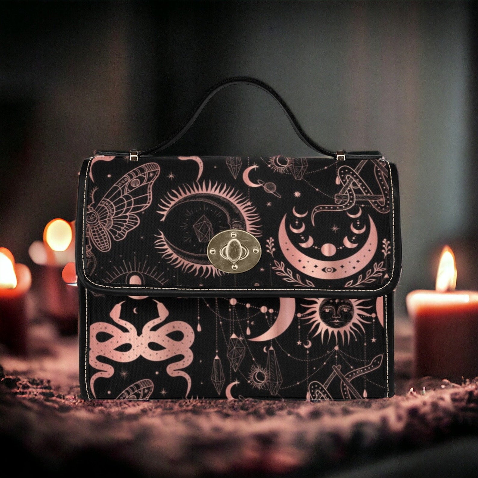 Black Pink Spiritual Snake Dark Academia Fabric Witchy Satchel Handbag For Boho Hippie