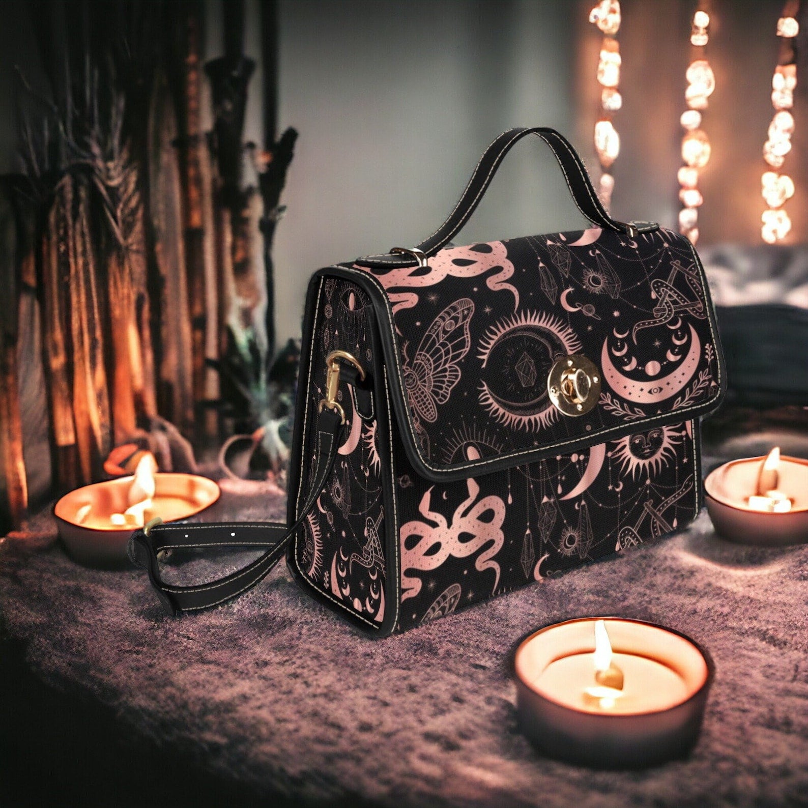 Black Pink Spiritual Snake Dark Academia Fabric Witchy Satchel Handbag For Boho Hippie