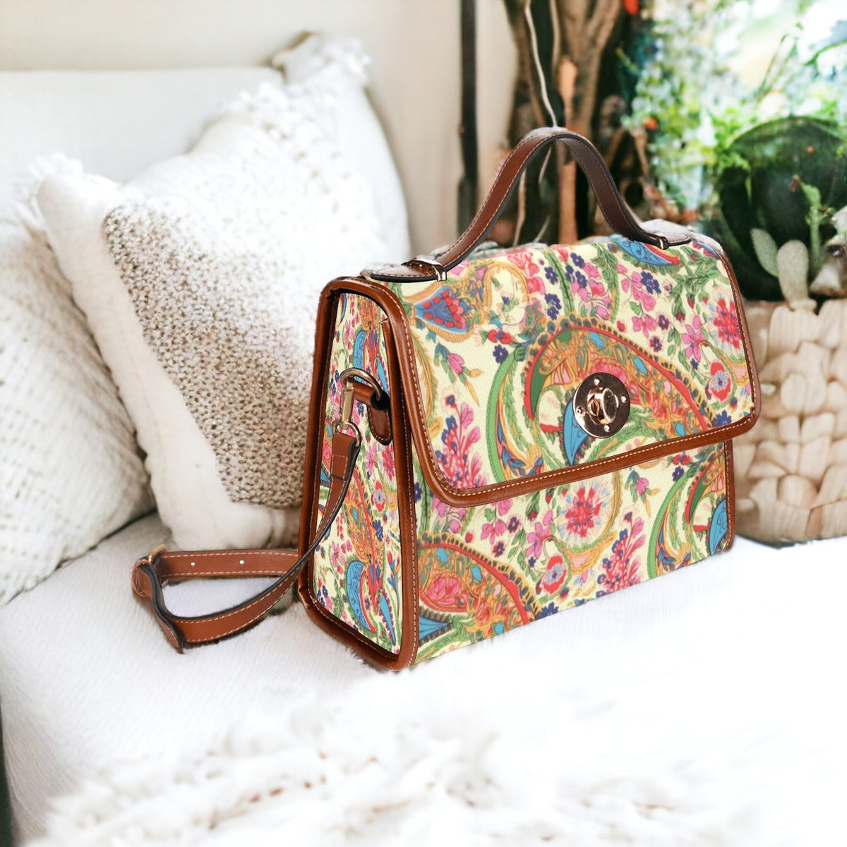 Vegan Leather Paisley Floral Boxy Witchy Satchel Handbag For Boho Hippie