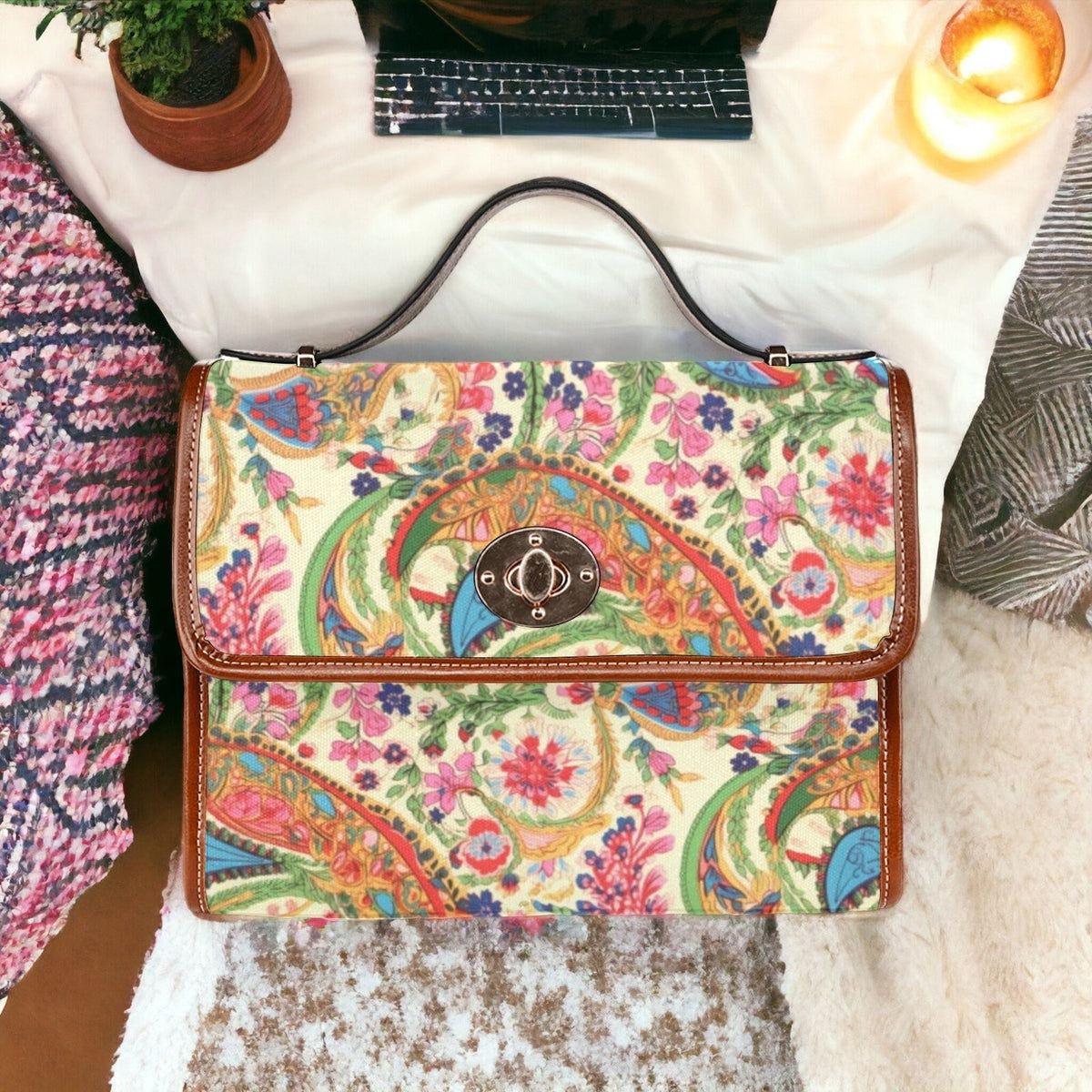 Vegan Leather Paisley Floral Boxy Witchy Satchel Handbag For Boho Hippie