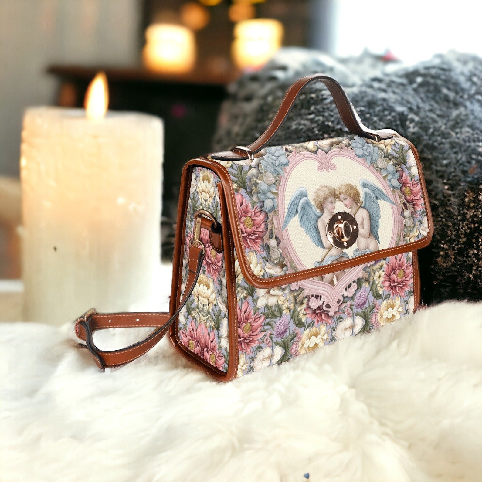 Pastel Romance Valentines Day Canvas Satchel Handbag For Boho Hippie