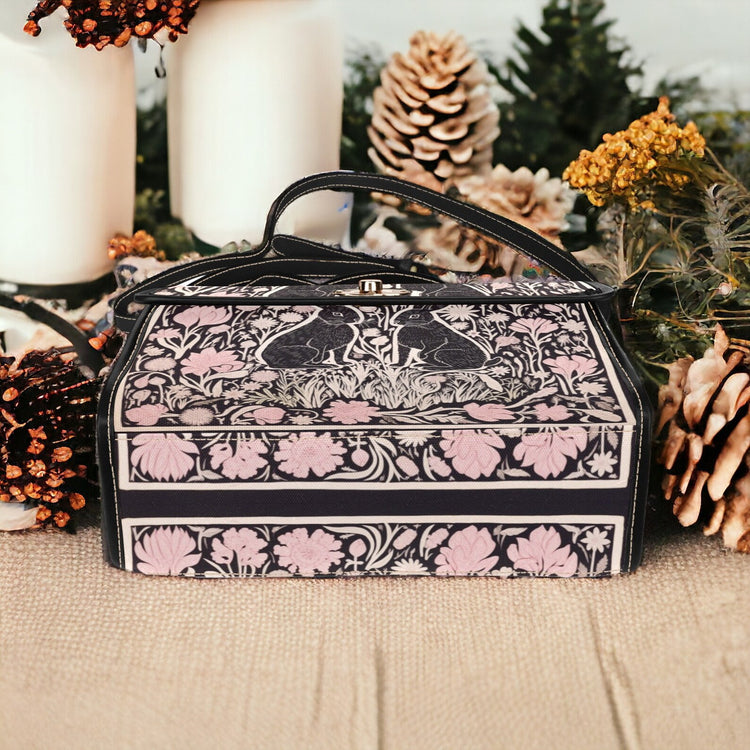 Pink Floral Forest Whimsical Rabbit Vegan Leather Satchel Handbag For Boho Hippie