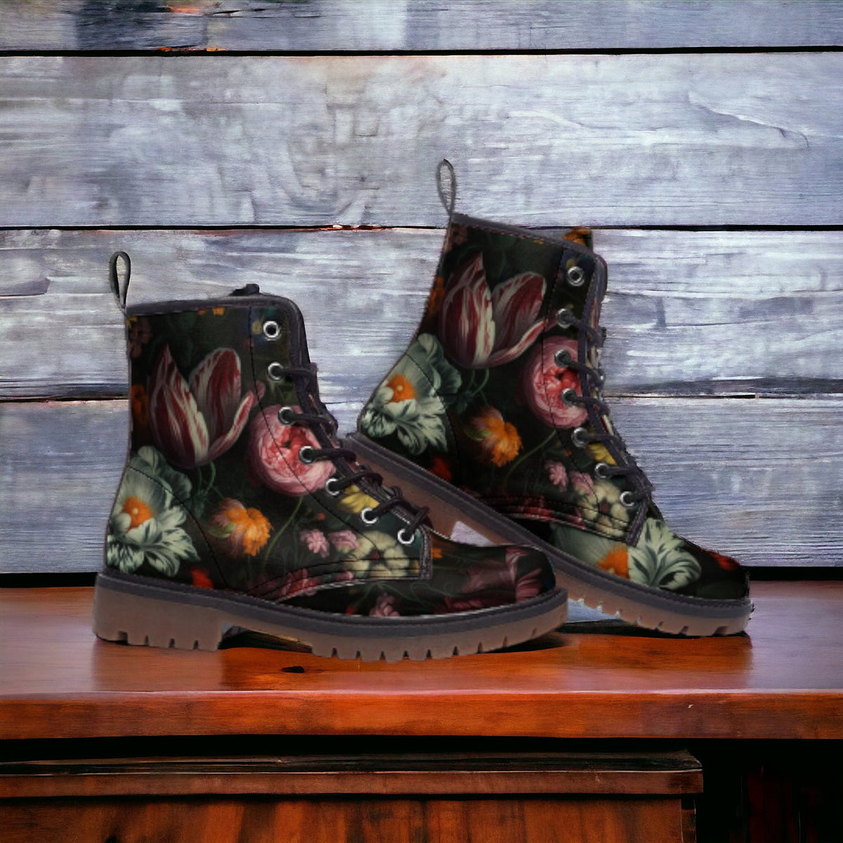 Hippie Art Zone - Dark Floral Vegan Leather Combat Boots.