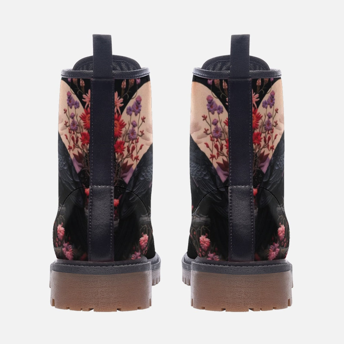 Hippie Art Zone - Faux-Embroidered Crow &amp; Flowers Vegan Combat Boots.