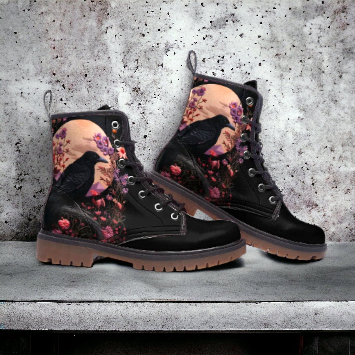 Hippie Art Zone - Faux-Embroidered Crow &amp; Flowers Vegan Combat Boots.