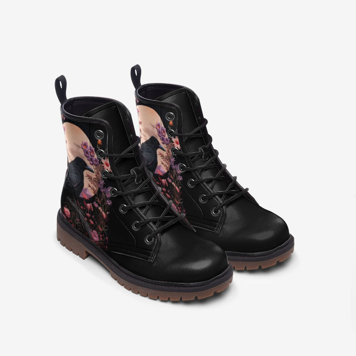 Hippie Art Zone - Faux-Embroidered Crow &amp; Flowers Vegan Combat Boots.