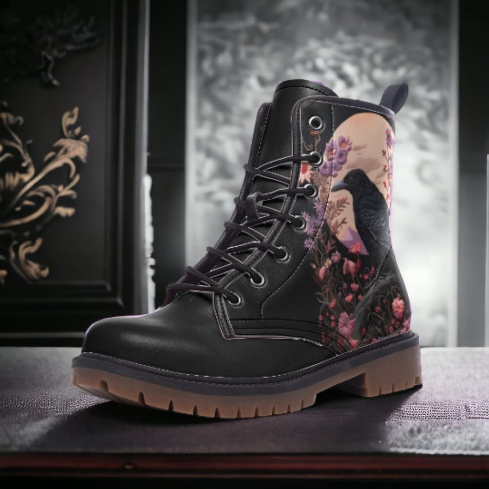 Hippie Art Zone - Faux-Embroidered Crow & Flowers Vegan Combat Boots.