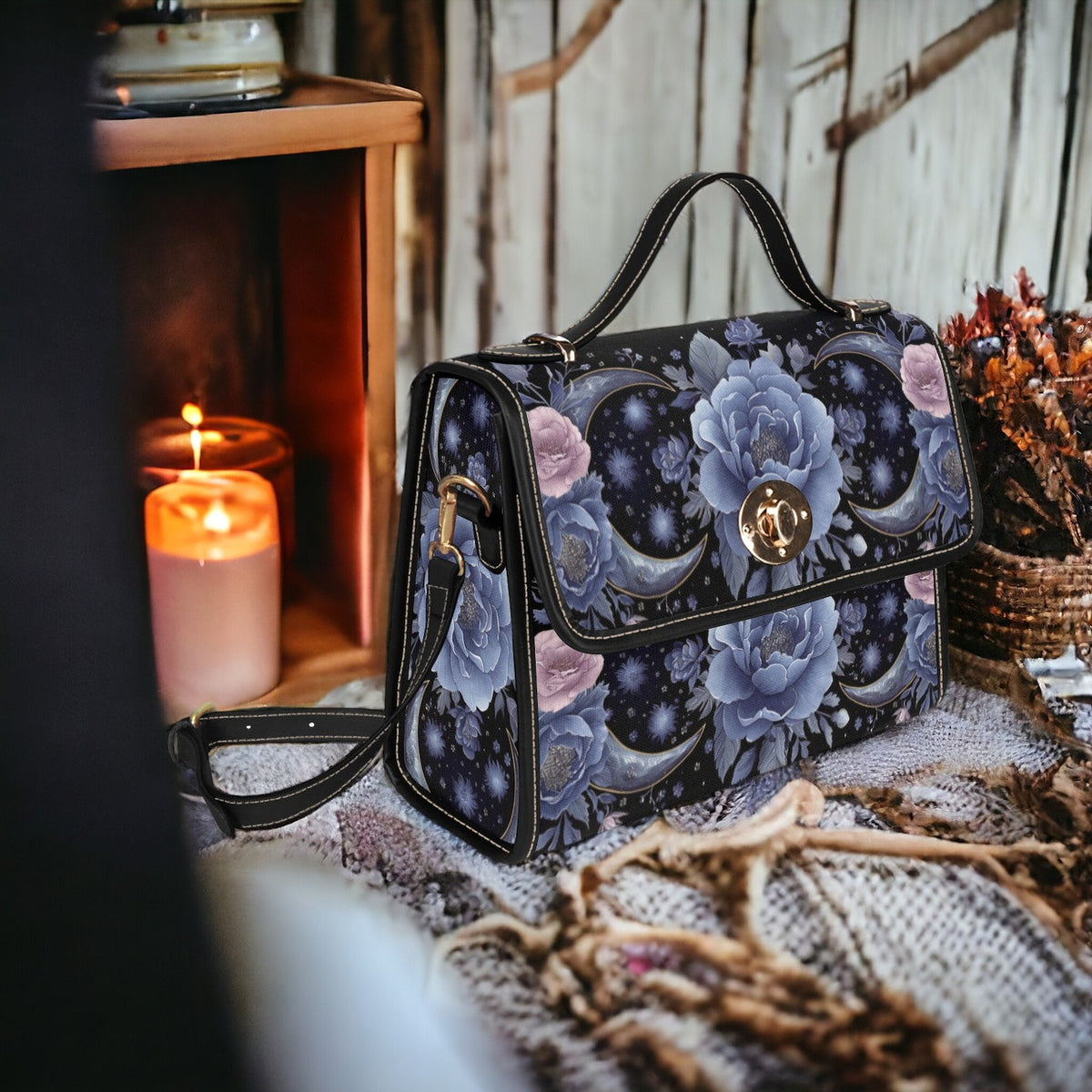 Whimsigoth Blue Peony Celestial Floral Witch Handbag For Boho Hippie