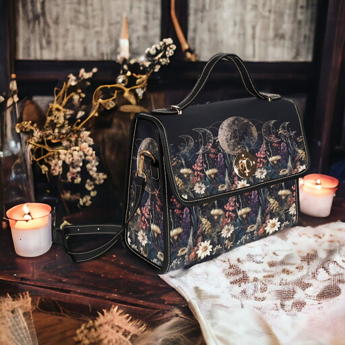 Whimsical Moon Phase Witchy Satchel Handbag For Boho Hippie