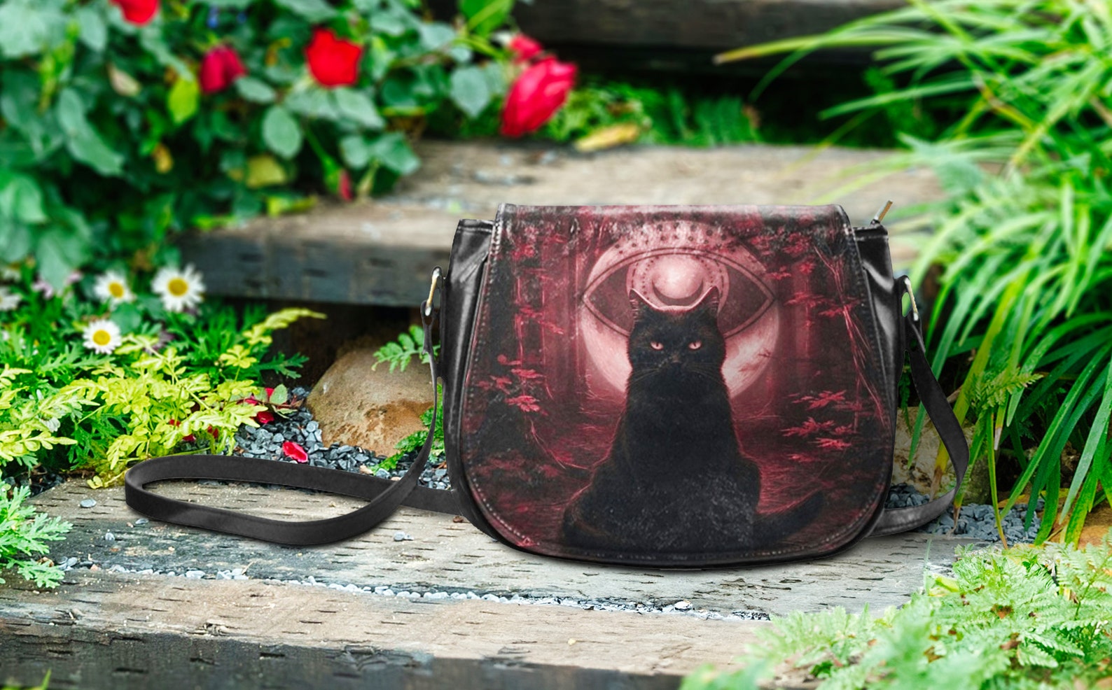 hippieartzone Bag - Whimsigoth Cat Moon Crossed Body Purse.