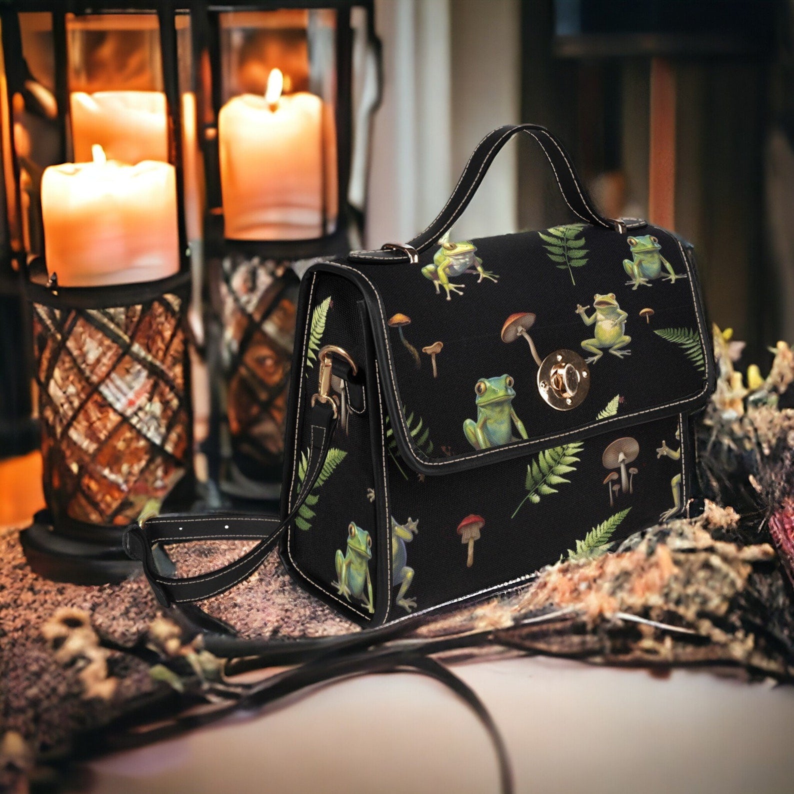 Goblincore Cute Frog Mushroom Forest Canvas Satchel Handbag For Boho Hippie