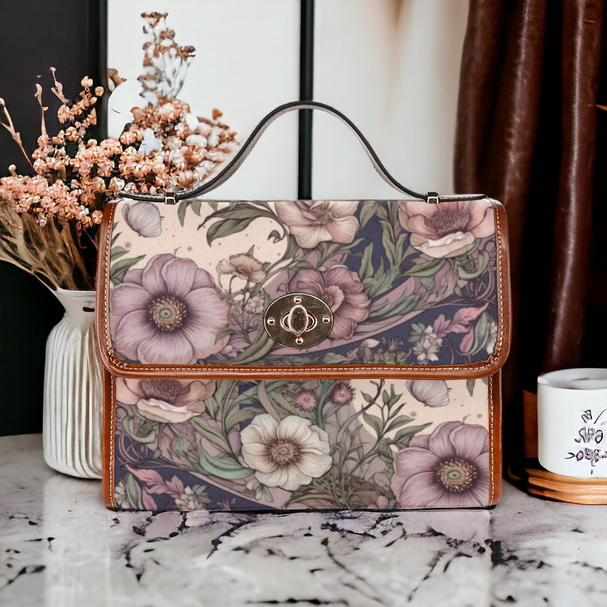 Ash Purple Poppies Witch Canvas Satchel Handbag For Boho Hippie