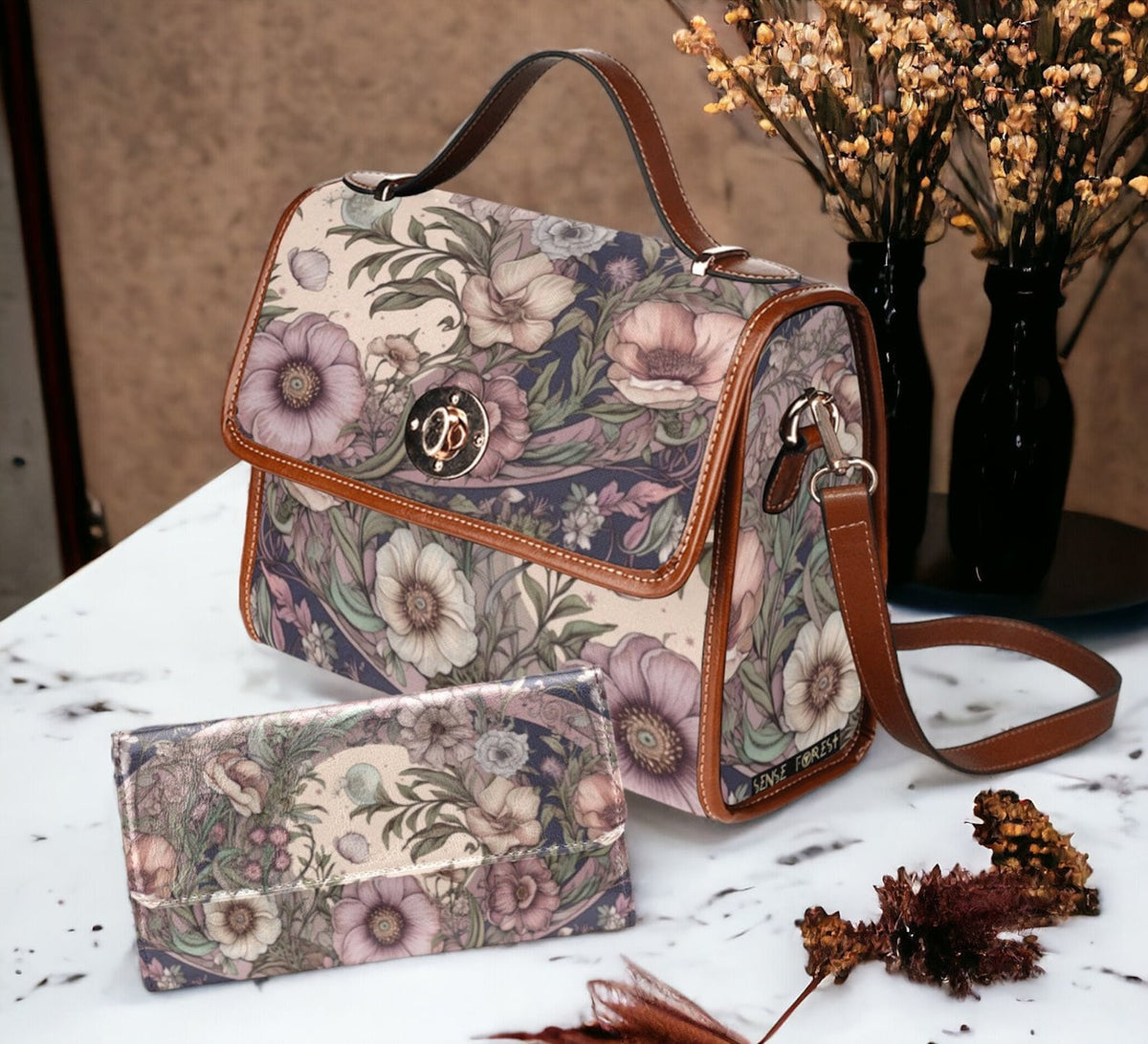 Ash Purple Poppies Witch Canvas Satchel Handbag For Boho Hippie