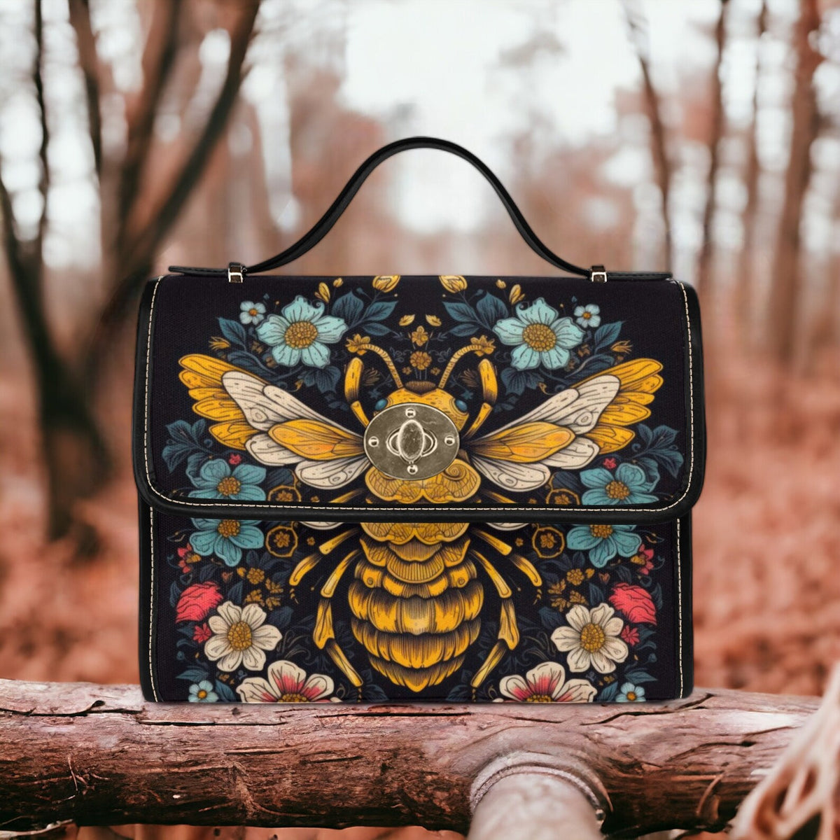 Retro Bee In The Forest Canvas Satchel Handbag For Boho Hippie