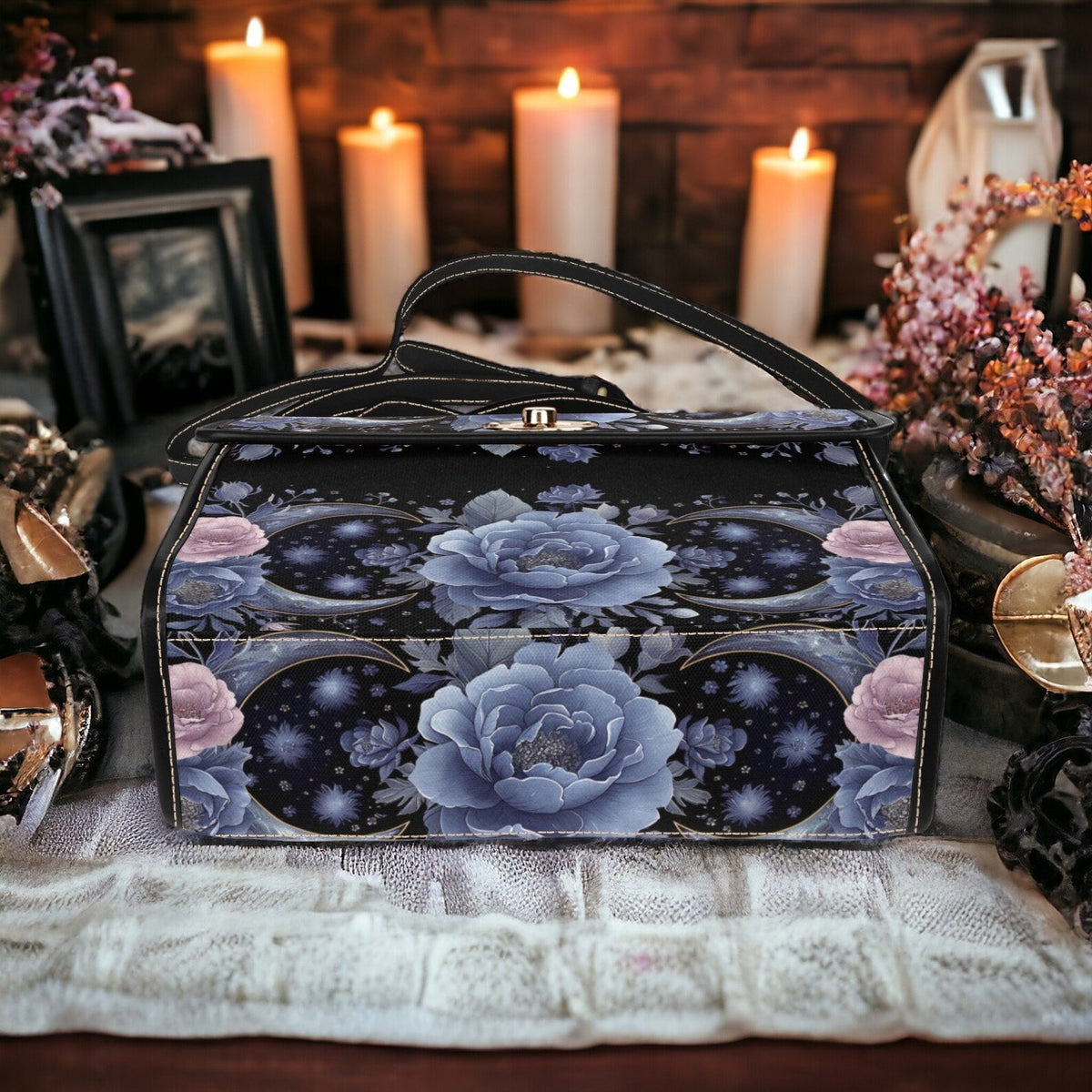 Whimsigoth Blue Peony Celestial Floral Witch Handbag For Boho Hippie