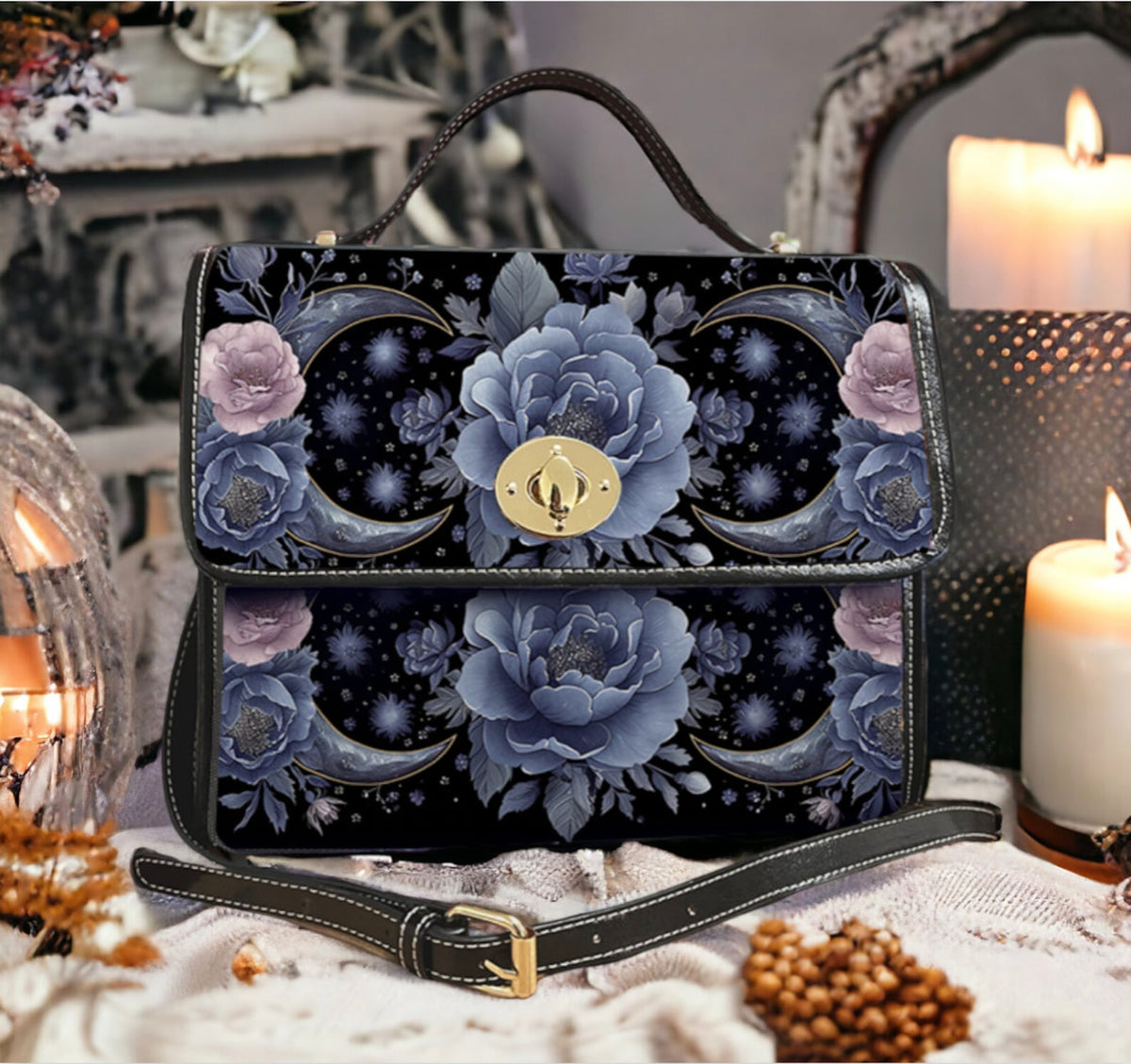 Whimsigoth Blue Peony Celestial Floral Witch Handbag For Boho Hippie