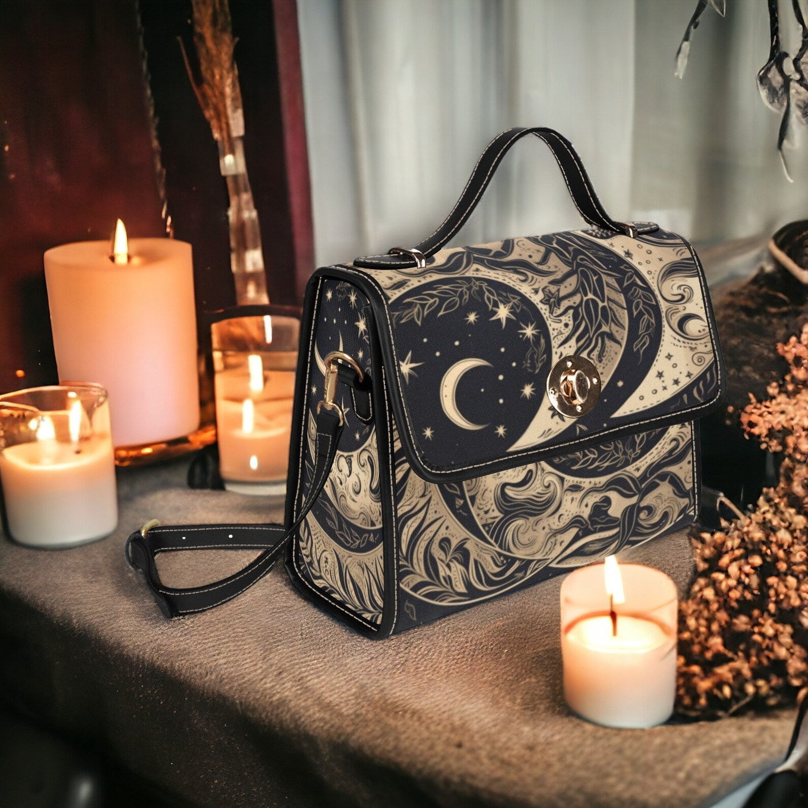 Wicca Moon Child Mystical Canvas Satchel Handbag For Boho Hippie