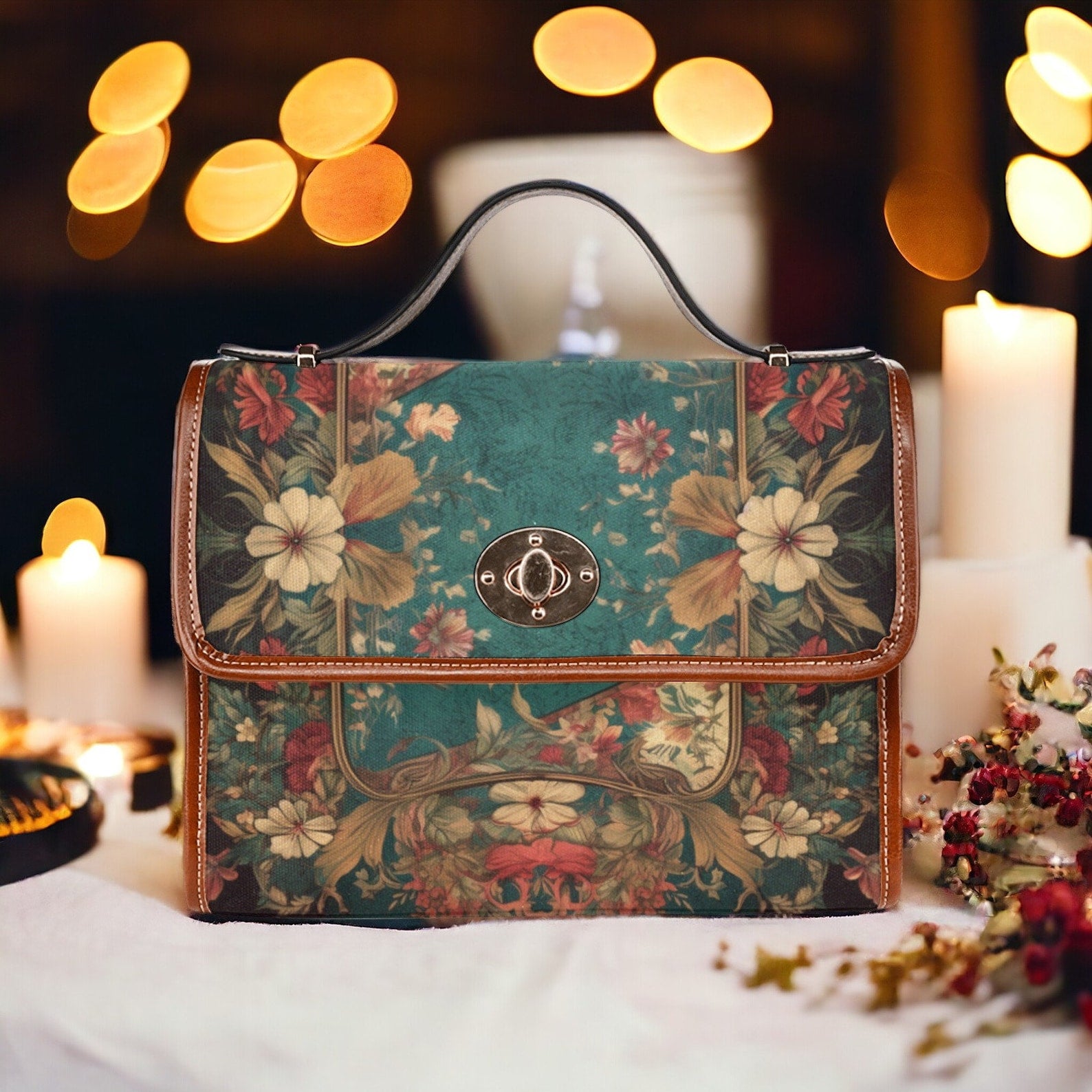 Cottagecore Teal Green Floral Canvas Satchel Handbag For Boho Hippie