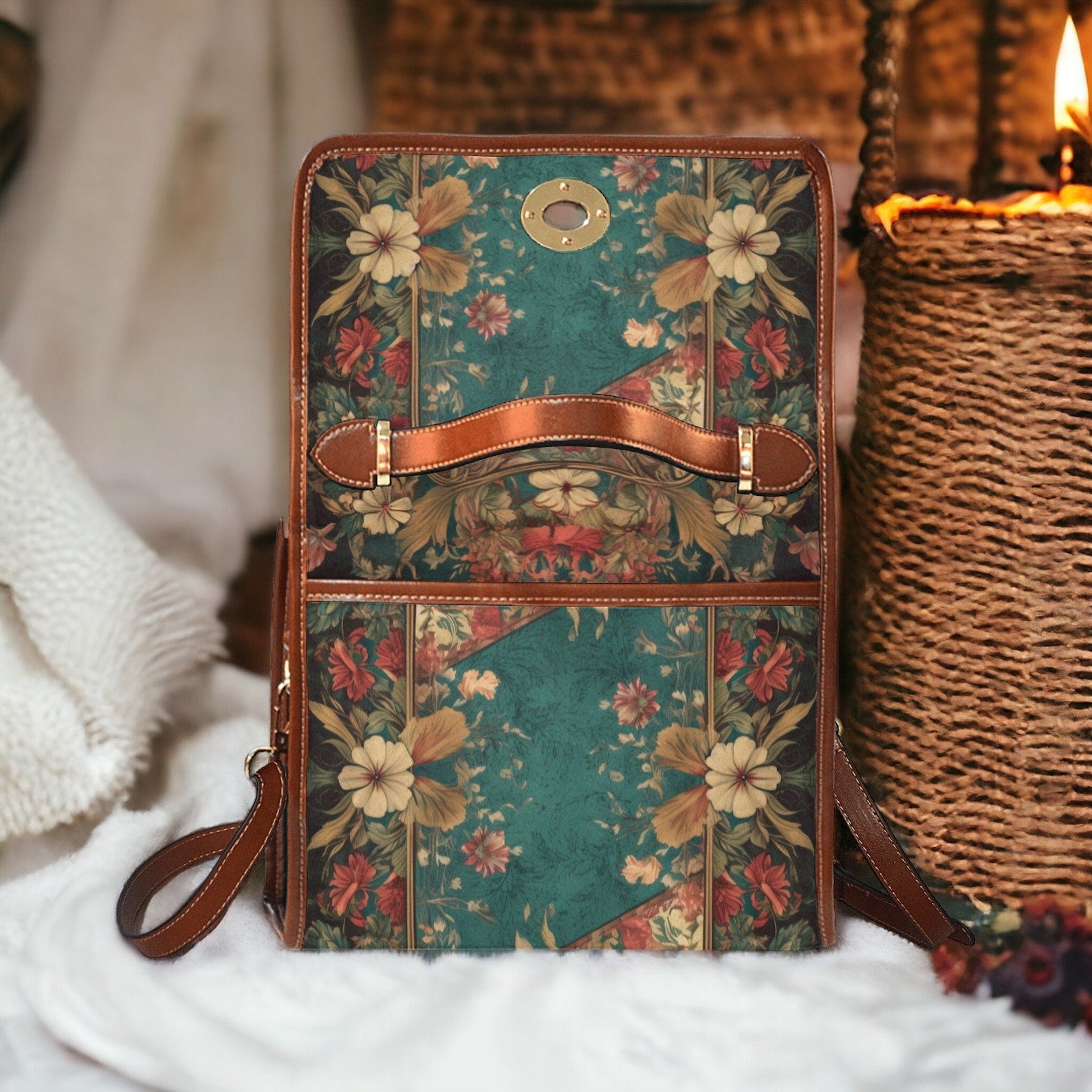 Cottagecore Teal Green Floral Canvas Satchel Handbag For Boho Hippie