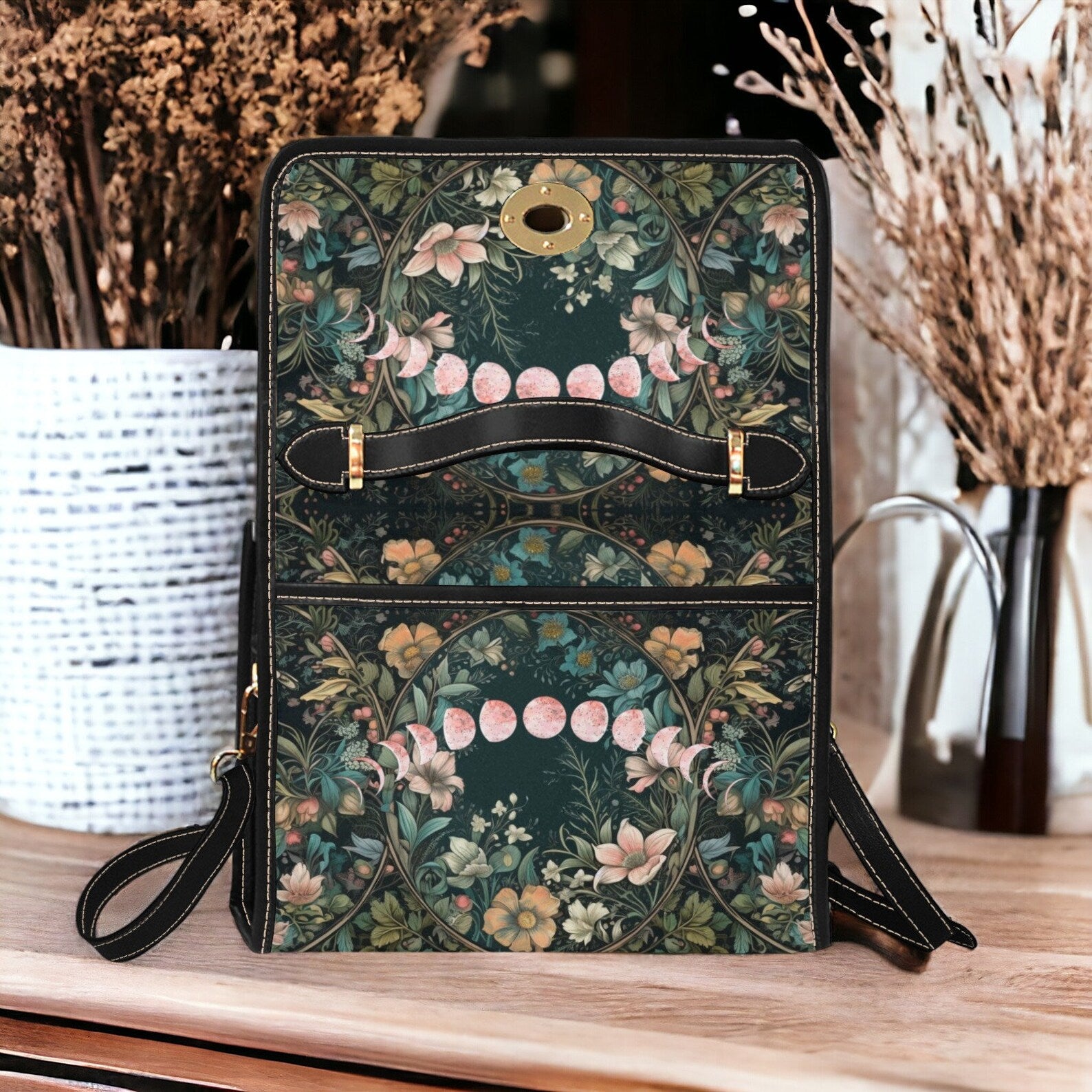 Dark Cottagecore Pink Moon Witchy Satchel Handbag For Boho Hippie