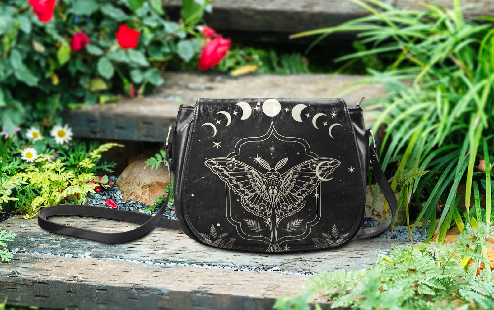 hippieartzone Bag - Luna Moth Moon Phases Crossbody Bag.