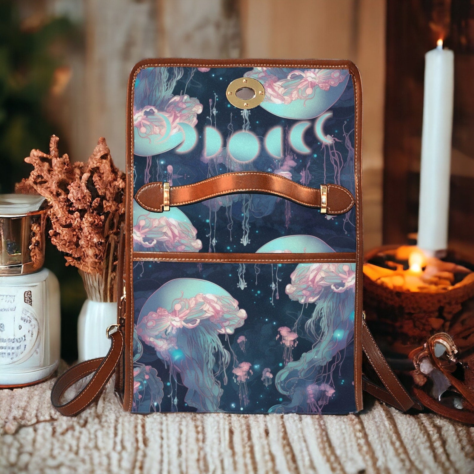 Witchy Neon Blue Whimsical Jellyfish Satchel Handbag For Boho Hippie