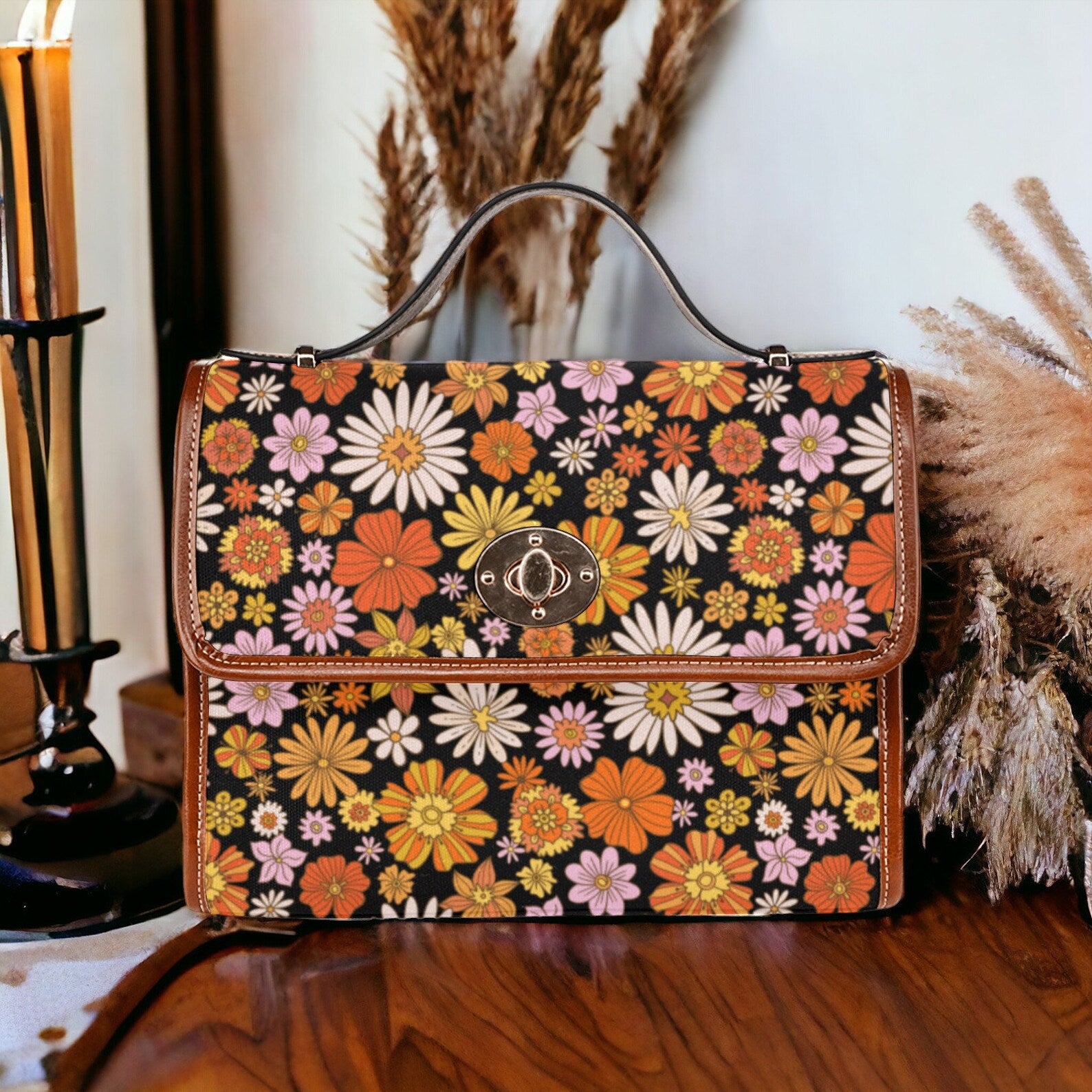 Retro 70s Hippies Daisy Floral Canvas Satchel Handbag For Boho Hippie