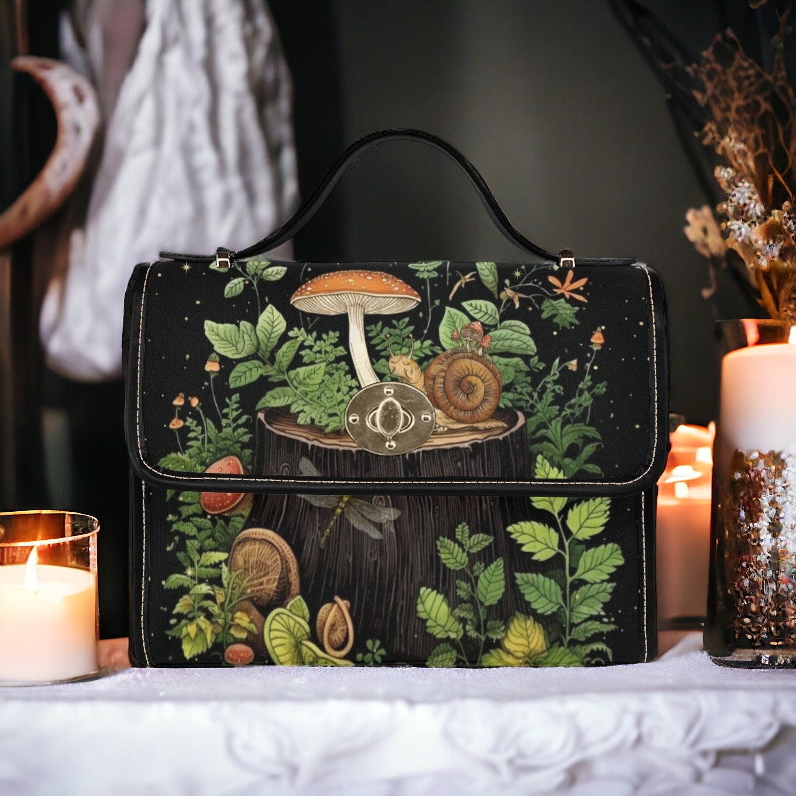 Cottagecore Witch Snail Forest Witchy Canvas Satchel Handbag For Boho Hippie
