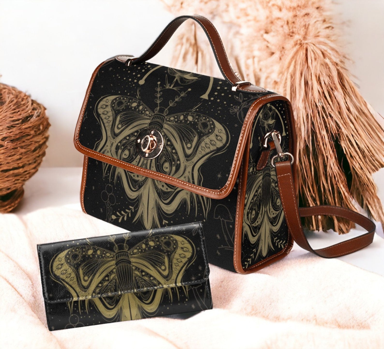 Witchy Moth Moon Phase Mystical Retro Canvas Satchel Handbag For Boho Hippie