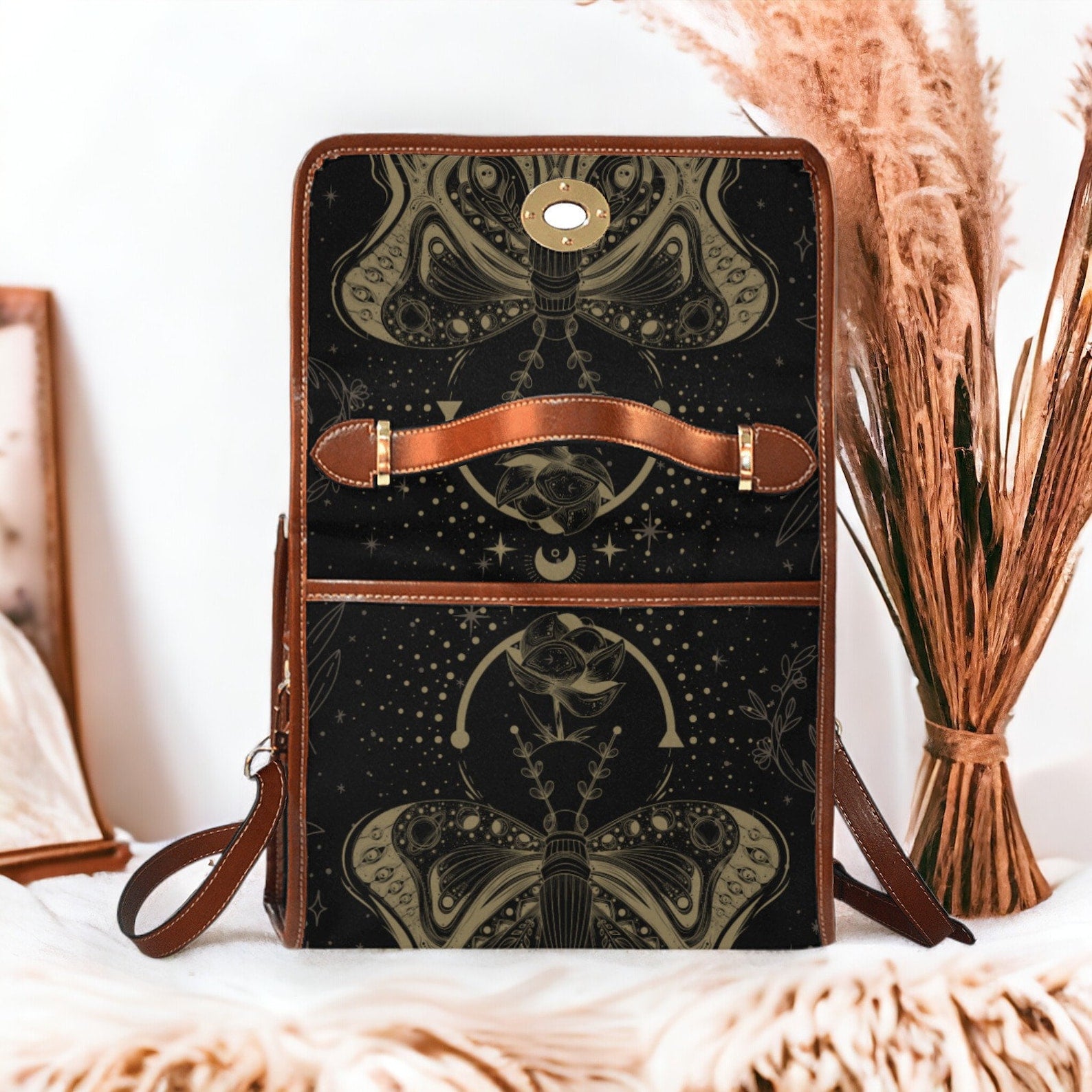 Witchy Moth Moon Phase Mystical Retro Canvas Satchel Handbag For Boho Hippie