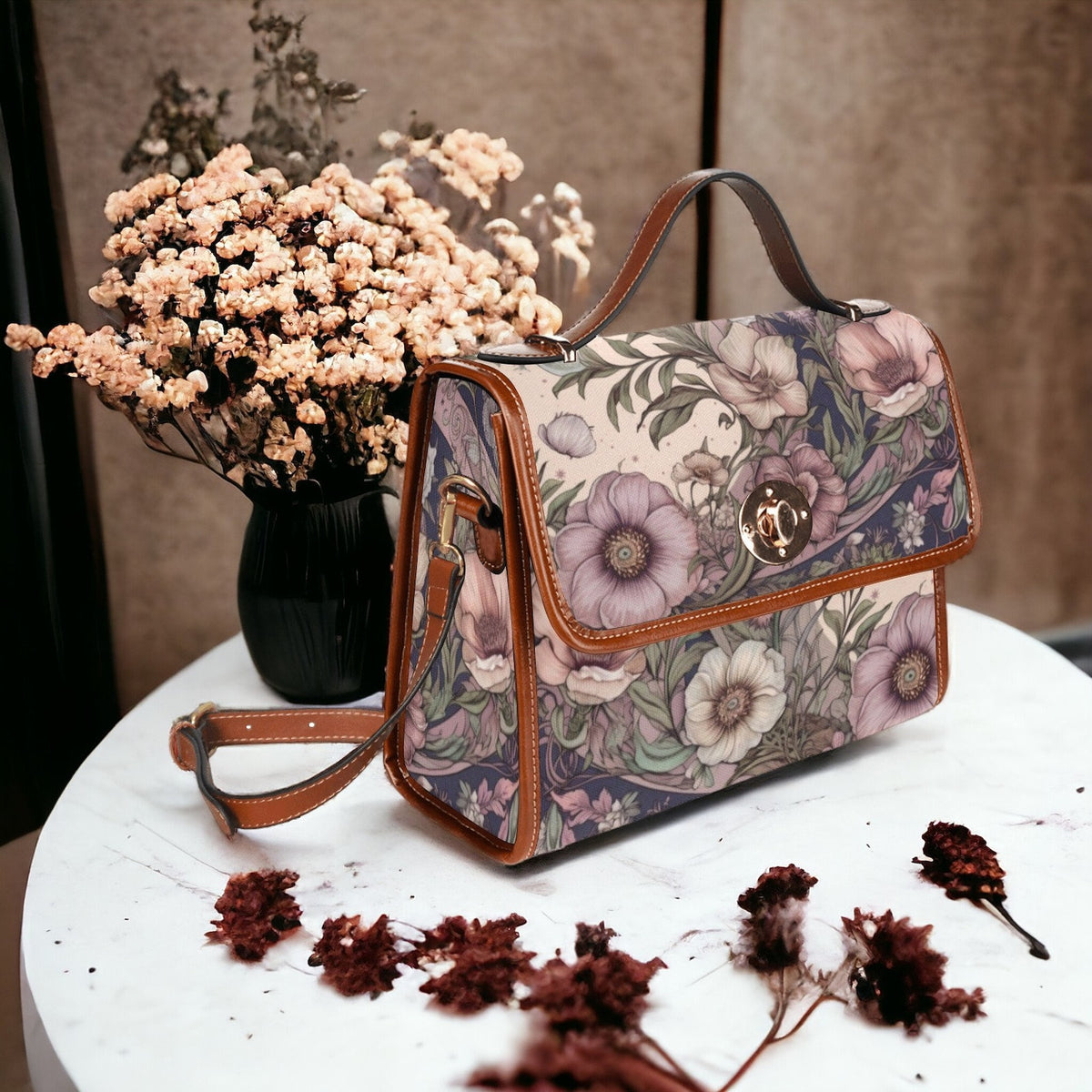 Ash Purple Poppies Witch Canvas Satchel Handbag For Boho Hippie