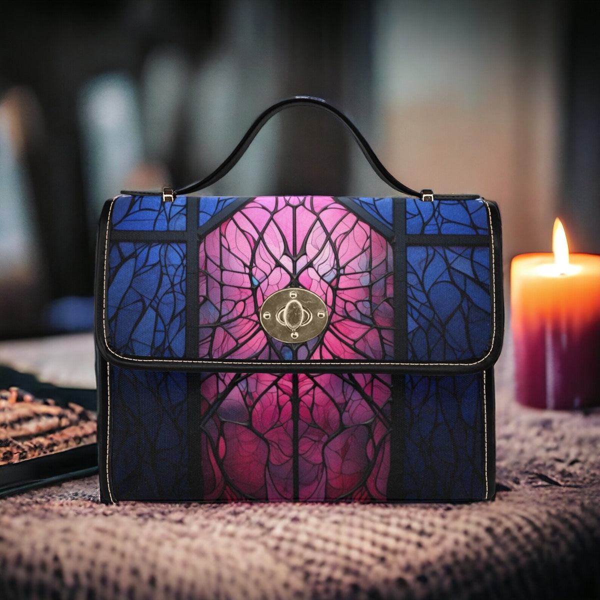 Medieval Pink Blue Stained Glass Canvas Satchel Handbag For Boho Hippie